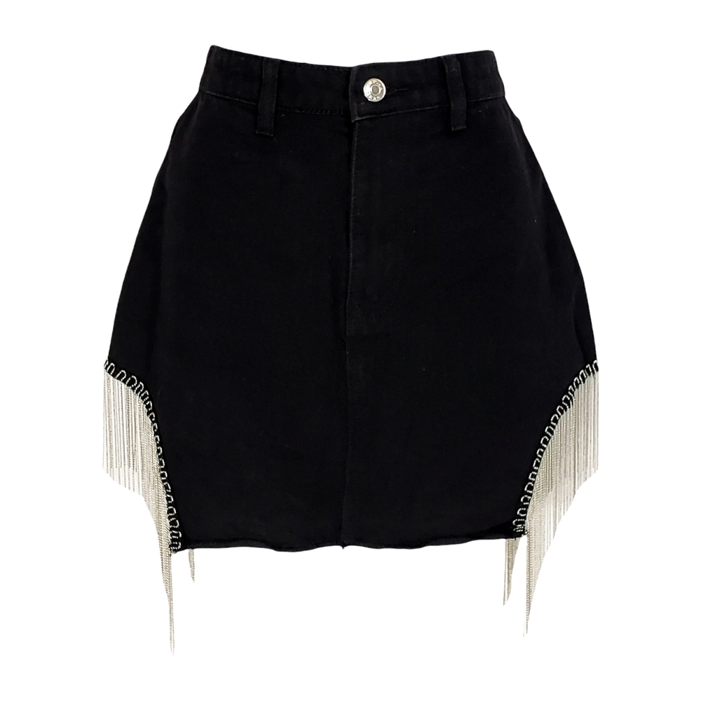 Adika Silvertone Chain Fringe Denim Skirt Black Size Small